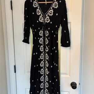 Free People Black Maxi Dress with White Floral Embroidery
